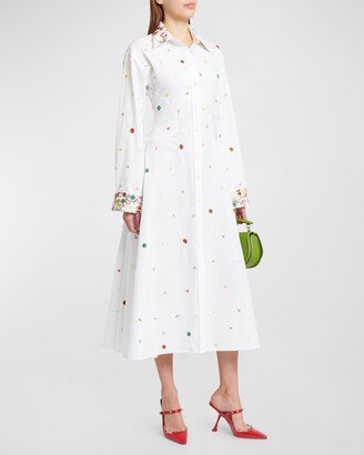 Compact Poplin Shirtdress with Embroidered Floral Details