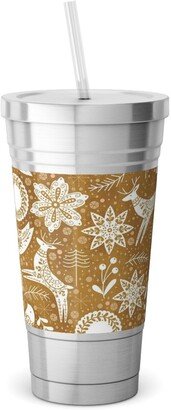 Travel Mugs: Gingerbread Forest - Brown Stainless Tumbler With Straw, 18Oz, Brown