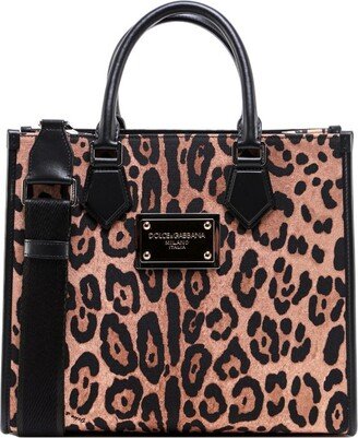 Logo-Plaque Leopard Print Tote Bag