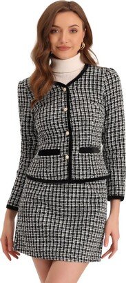 Allegra K Suit Set for Women' 2 Piece Outfit Plaid Tweed Short Blazer Jacket and Skirt Set Black XL