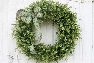 st. Patrick's Day Wreath, Green Shamrock Irish Front Door Outdoor Boxwood Bow, Eucalyptus Greenery Wreath