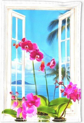 Tropical Hawaii Tea Towel - Orchid Window Garden By Kedoki Vacation Island Summer Ocean Linen Cotton Canvas Spoonflower