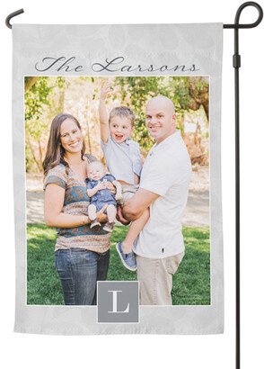 Garden Flags: Family Monogram Garden Flag, Flag Stand, Gray