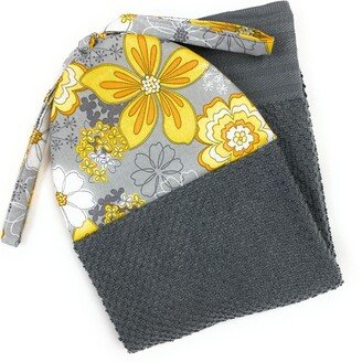 Yellow & White Flowers On Gray Grey Reversible Ties Stays Put Refrigerator Oven Stove Kitchen Bathroom Hanging Hand Loop Dish Towel