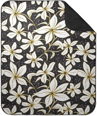 Picnic Blankets: Lilium - Floral - Charcoal Black & White Picnic Blanket, Black