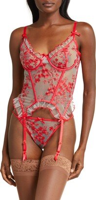 Embroidered Mesh Underwire Bustier, Garter & G-String Thong Set