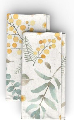 Cloth Napkins: Australian Wattle & Eucalyptus Watercolor Floral Cloth Napkin, Longleaf Sateen Grand, Multicolor