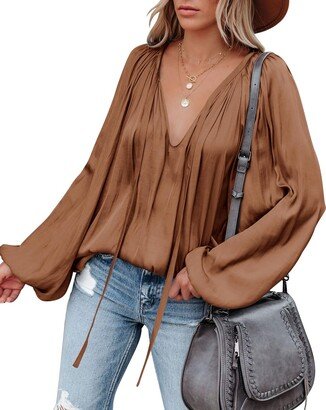 LAMISSCHE Satin Blouse for Women Sexy Deep V Neck Lantern Sleeve Tops Boho Seliver Date Night Blouses (Dusty Mauve