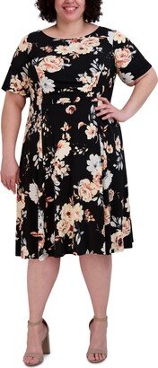 Plus Size Floral-Print Round-Neck Dress - Black/Coral