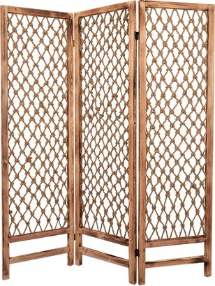 3 Panel Traditional Foldable Screen with Rope Knot Design, Brown