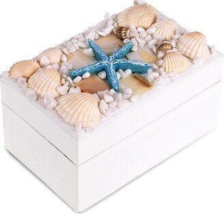 Oceanic White Wooden Jewelry Box w/ Seashell and Starfish - 4.4 Inch