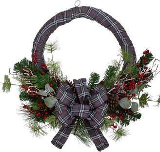 Northlight Gray and Red Plaid Artificial Christmas Wreath with Red Berries - 24-Inch, Unlit