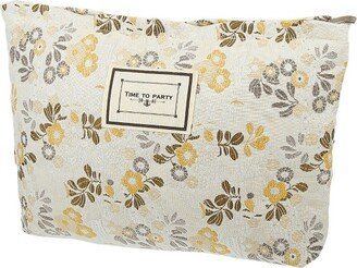 Unique Bargains Women's Portable Canvas Makeup Bag White Yellow 1 Pc