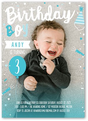 Boy Birthday Invitations: Happy Confetti Boy Birthday Invitation, Blue, 5X7, Matte, Signature Smooth Cardstock, Square