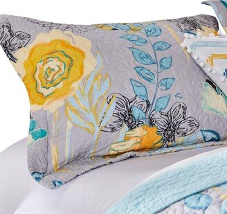 Minsk 20 x 26 TwinSize Pillow Sham, Yellow Flowers, Gray Cotton Fabric