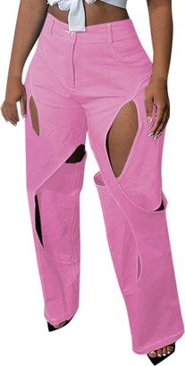 WGRIF Women Casual Fashion Solid Color Straight High Waist Hollow Design Work Casual Cropped Pants for Women (Hot Pink