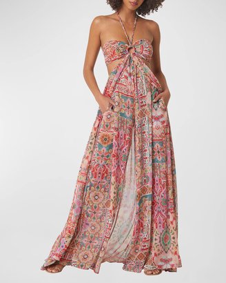 Lorenzo Tile-Print Chiffon Wide-Leg Halter Jumpsuit