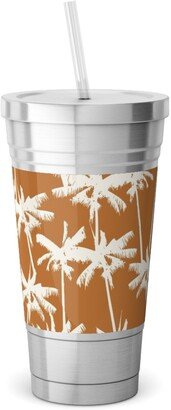 Travel Mugs: Tropical Palms - Burnt Orange Stainless Tumbler With Straw, 18Oz, Orange