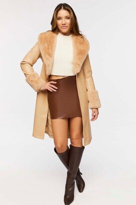 Women's Faux Fur-Trim Faux Leather Coat in Beige Large