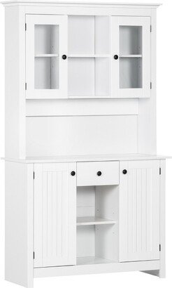 HOMCOM Freestanding Rustic Buffet with Hutch, 4 Doors Farmhouse Kitchen Pantry Cabinet, Microwave Stand with Beadboard Panel, Drawer, White