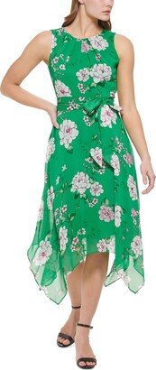 Petites Womens Floral Print Mid-Calf Midi Dress