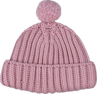 Pink Knitted Beanie With Pompon