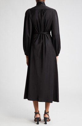 Billow Tie Neck Long Sleeve Silk Dress