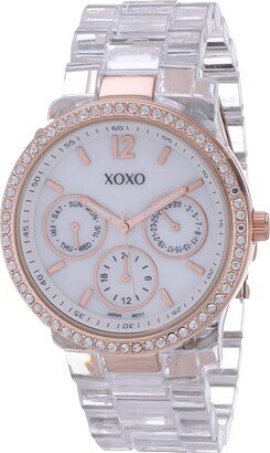 Women's XO5528 Clear Bracelet with Rhinestones on Rose Gold Case Watch