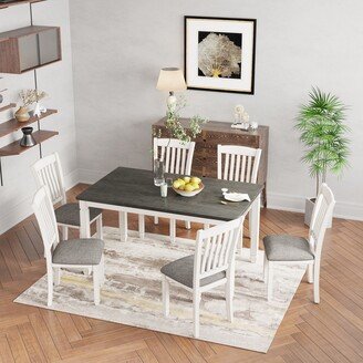 7-Piece White Wood Dining Table Set with 6 Upholstered Chairs