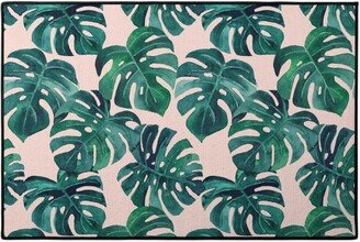 Door Mats: Watercolor Monstera Leaves - Green On Blush Pink Door Mat, Green