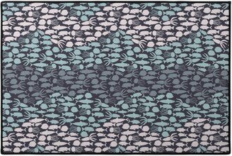 Door Mats: Fish School In Gray Aqua Dark Background Door Mat, Blue