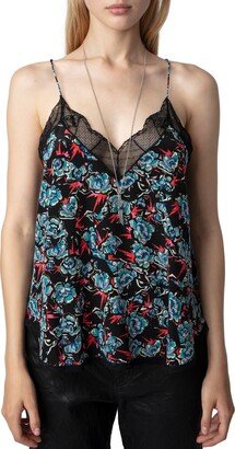 Christy Thunder Floral Lace Trim Silk Crêpe de Chine Camisole