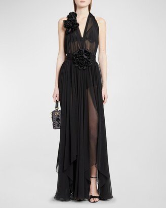 Flower Applique Halter Silk Chiffon Gown With Detachable Underskirt