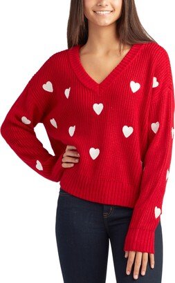 Juniors' Heart-Print V-Neck Sweater