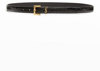 Croc-Embossed Skinny Belt