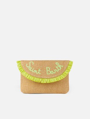 Straw Pochette With Fringes And Front Embroidery