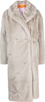 Crystal-Embellished Double-Breasted Faux Fur Coat