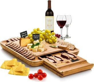 Bambusi Bamboo Cheese Board with Cutlery Set,, Includes 4 Stainless Steel Serving Utensils, 3 Labels & 2 Chalk Markers