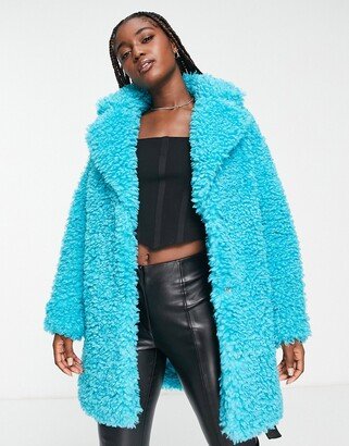 fluffy teddy faux leather wrap coat in bright blue