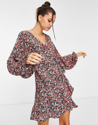 frill wrap mini dress in multi floral