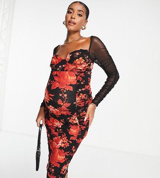 ASOS DESIGN Maternity mesh long sleeve ruched midi dress in red floral print