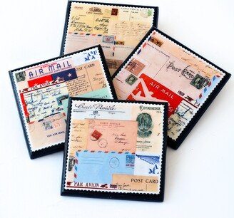 Vintage Airmail Label Coaster Set Par Avion Graphic Collage Gift For Travelers