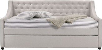 IGEMAN Lianna Upholstered Twin Daybed with Twin Trundle, Button-tufted and Sloped Armrest, Fog Fabric