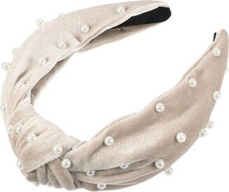 Unique Bargains Women's Velvet Faux Pearl Knotted Headband 1 Pc Beige