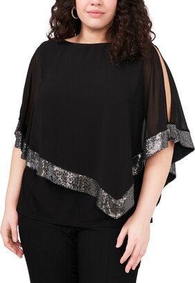 Plus Size Sequin-Trim Overlap Top - Black/Gunmetal