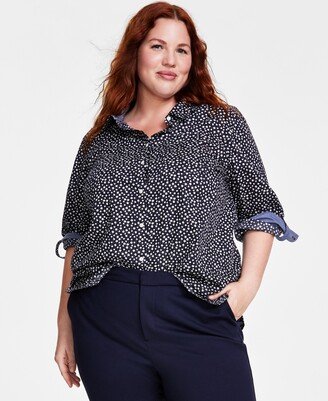 Plus Size Cotton Printed Roll-Tab Shirt