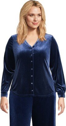 Women's Plus Size Long Sleeve Velvet Button Front Top - 3X - Deep Sea Navy