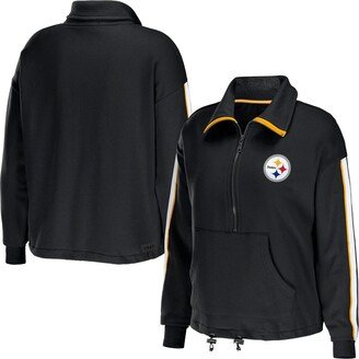 Women's Wear by Erin Andrews Black Pittsburgh Steelers Logo Stripe Half-Zip Top