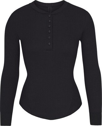 Cotton Rib Long Sleeve Henley | Soot