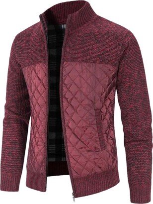 Vsadsau Men's Autumn Winter Cardigan Sweater Patchwork Knitted Casual Stand Collar Zipper Jacket red L